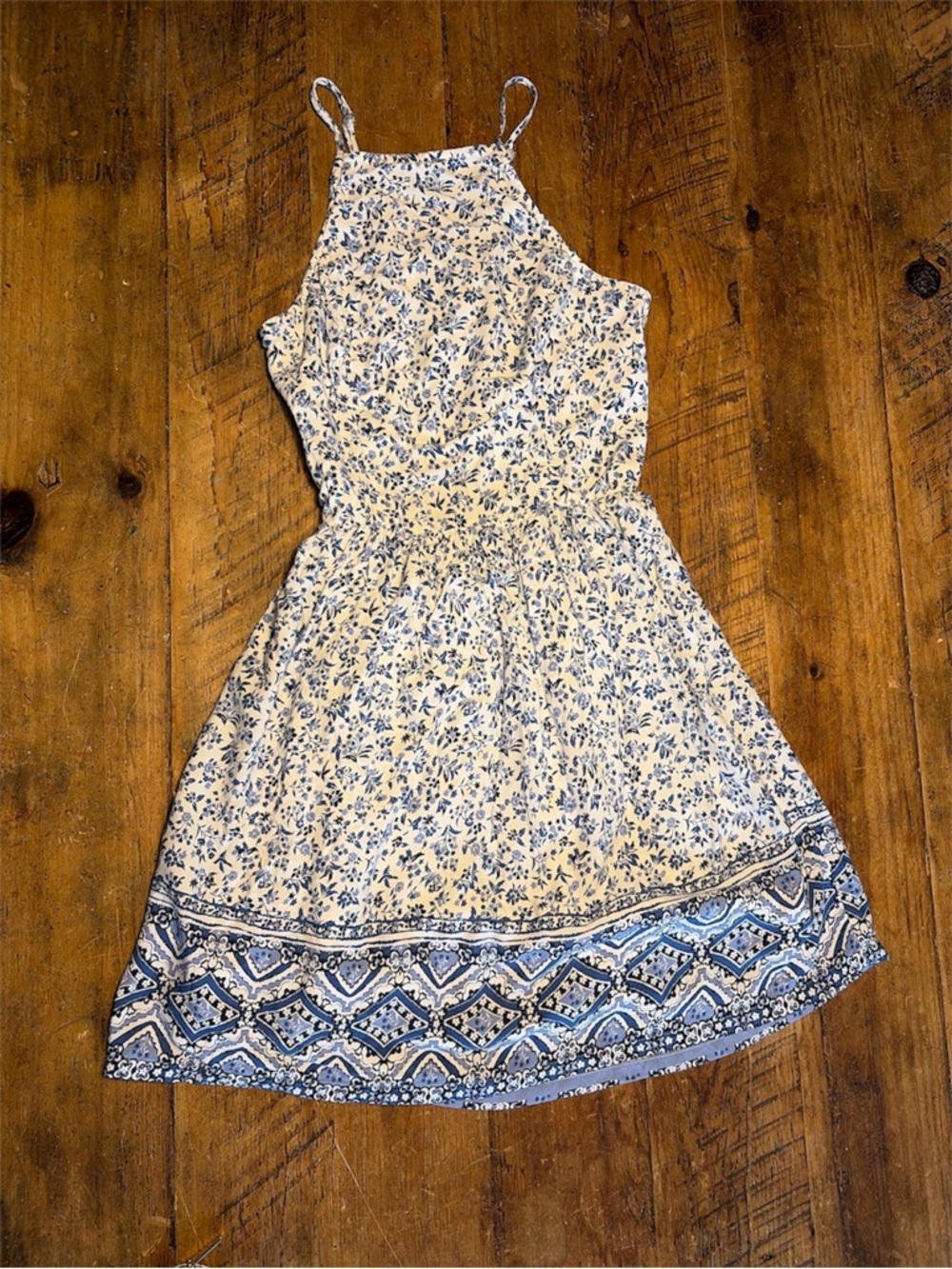 Hollister Blue & White Floral Lace Up Skater Dress Size S